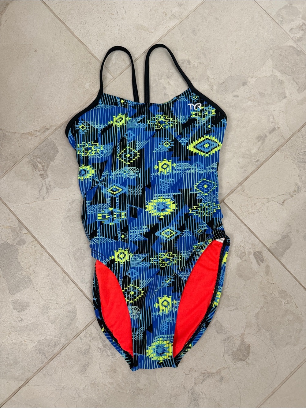 TYR Blue Geometric One-Piece Swimsuit with Neon Yellow and Red Accents